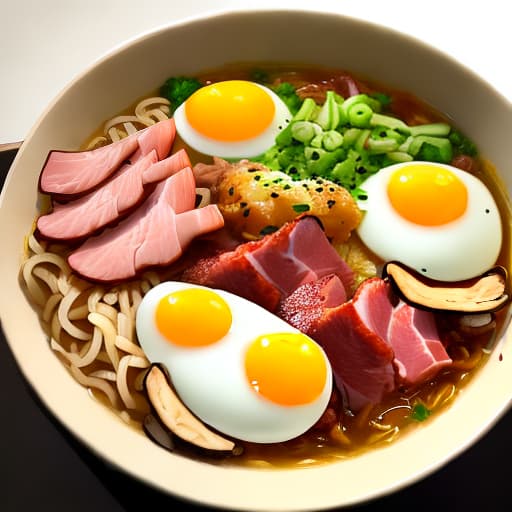  A bowl of instant noodles with eggs, ham, chicken and fungus