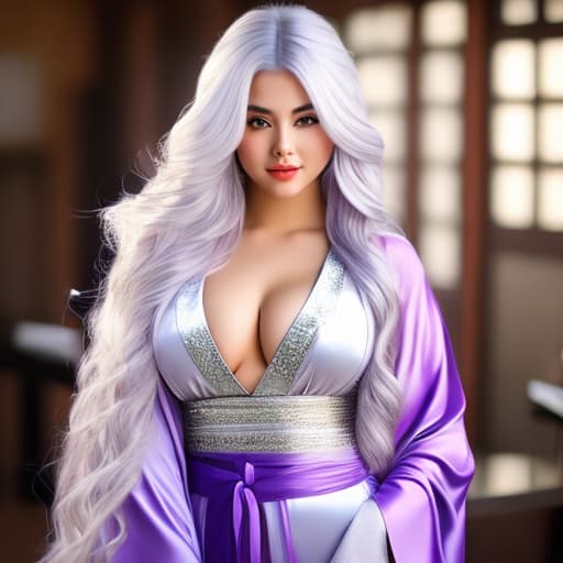  voluptuous female angel,  long silver hair, purple eyes, white and purple kimono