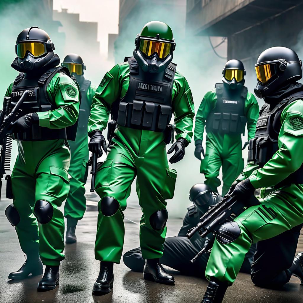  Military men in green hazmat suits with black helmets aimed their weapons at a frightened man in a strict black suit. hyperrealistic, full body, detailed clothing, highly detailed, cinematic lighting, stunningly beautiful, intricate, sharp focus, f/1. 8, 85mm, (centered image composition), (professionally color graded), ((bright soft diffused light)), volumetric fog, trending on instagram, trending on tumblr, HDR 4K, 8K