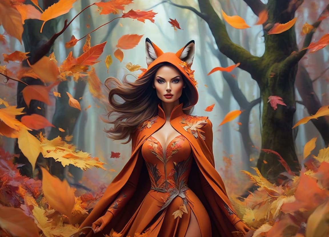  abstract expressionist painting A mystical woman adorned with autumn leaves and foxes in an enchanted forest. . energetic brushwork, bold colors, abstract forms, expressive, emotional hyperrealistic, full body, detailed clothing, highly detailed, cinematic lighting, stunningly beautiful, intricate, sharp focus, f/1. 8, 85mm, (centered image composition), (professionally color graded), ((bright soft diffused light)), volumetric fog, trending on instagram, trending on tumblr, HDR 4K, 8K