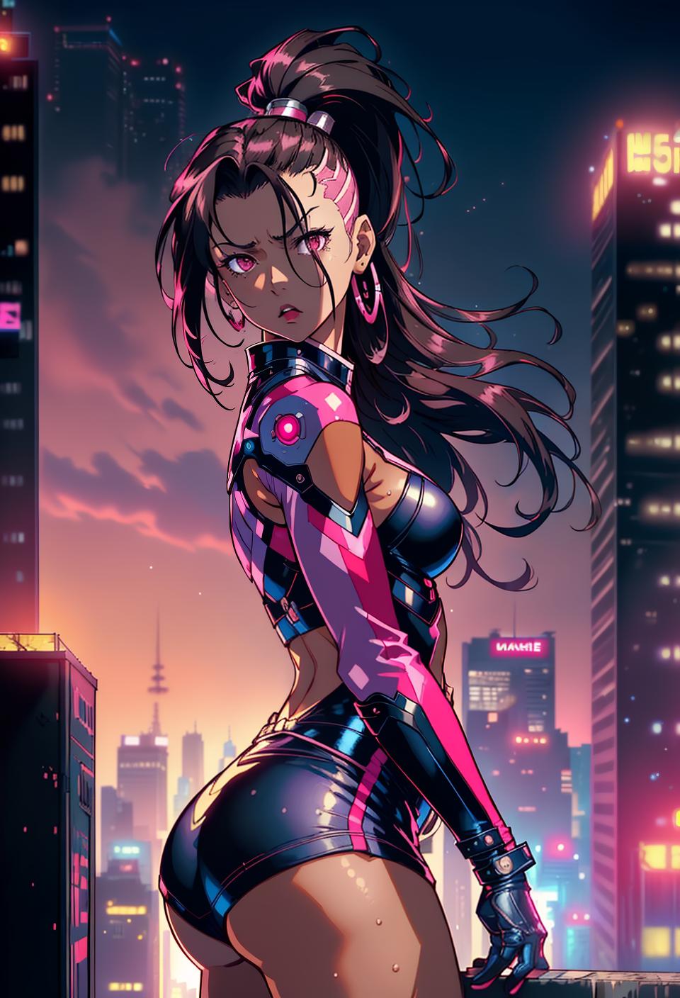  ((trending, highres, masterpiece, cinematic shot)), 1girl, mature, female superhero outfit, rooftop scene, very long straight brown hair, mohawk hairstyle,  pink eyes, high class, elegant personality, worried expression, dark skin, orderly, toned