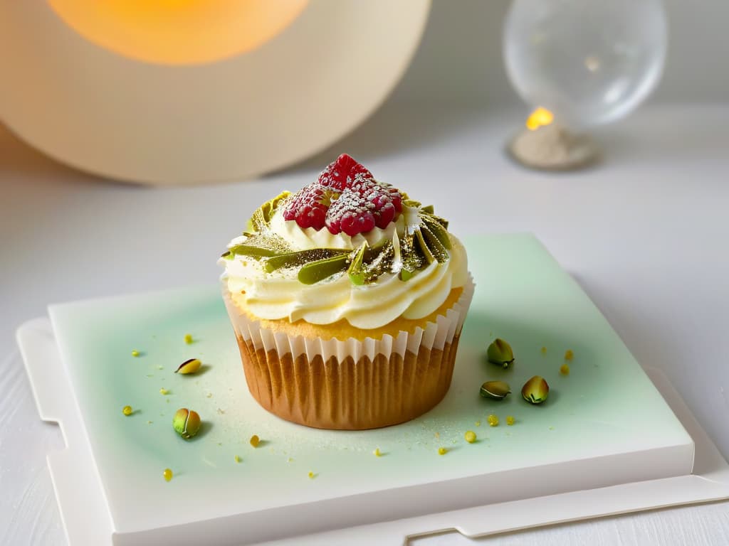  An ultradetailed image of a single, perfectly frosted vegan vanilla cupcake on a sleek, modern plate. The cupcake is adorned with a delicate sprinkle of crushed pistachios and a single vibrant raspberry on top. The background is a soft gradient of pastel colors, emphasizing the simplicity and elegance of the dessert. hyperrealistic, full body, detailed clothing, highly detailed, cinematic lighting, stunningly beautiful, intricate, sharp focus, f/1. 8, 85mm, (centered image composition), (professionally color graded), ((bright soft diffused light)), volumetric fog, trending on instagram, trending on tumblr, HDR 4K, 8K