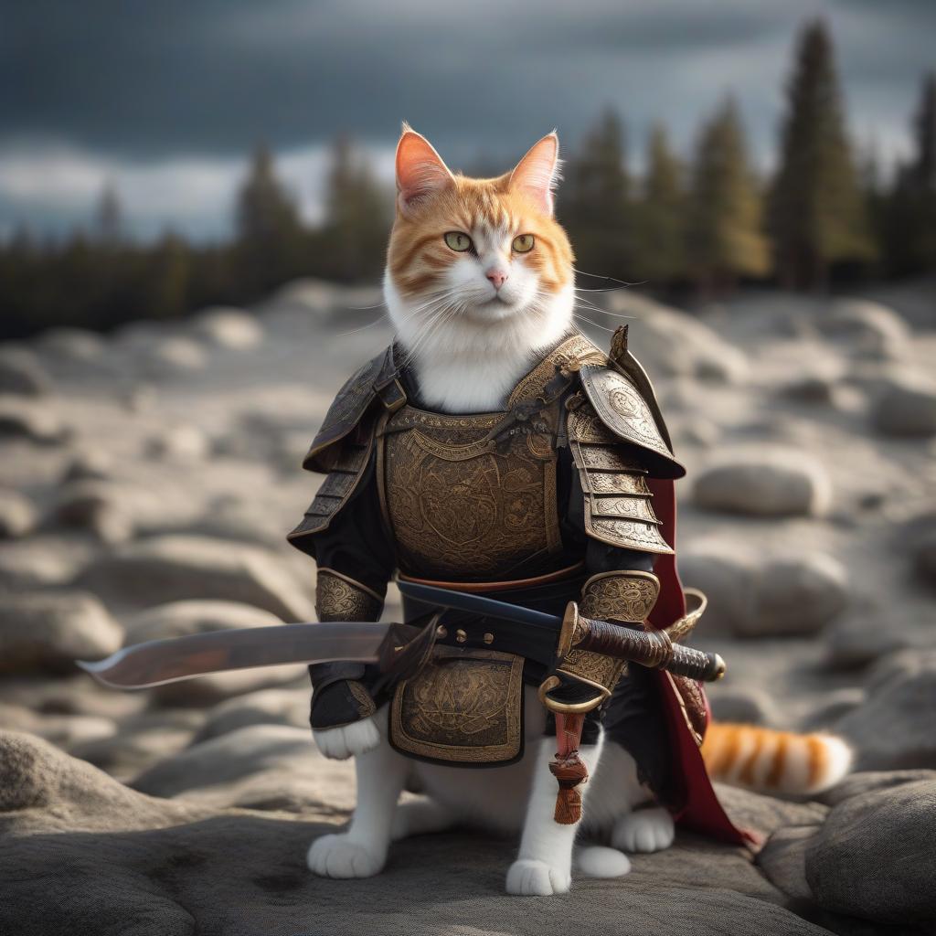  macabre style An adult short haired ginger and white cat in samurai armor with a katana in its paws. . dark, gothic, grim, haunting, highly detailed hyperrealistic, full body, detailed clothing, highly detailed, cinematic lighting, stunningly beautiful, intricate, sharp focus, f/1. 8, 85mm, (centered image composition), (professionally color graded), ((bright soft diffused light)), volumetric fog, trending on instagram, trending on tumblr, HDR 4K, 8K