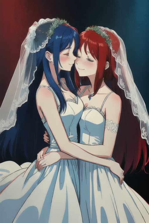  ((Red short -haired bride & bride of blue long hair))) 1.5, ((hugging facing each other)), (kissing your fingers with your fingers close), (Connect Cheek to Cheek), (((() , Wedding dress), smile