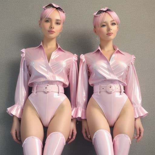  two very beautiful angels,oiled shiny, light pink vinyl  with open button placket in the crotch,shows his oiled shiny,long socs with ruffles and socs belts,bathroom area