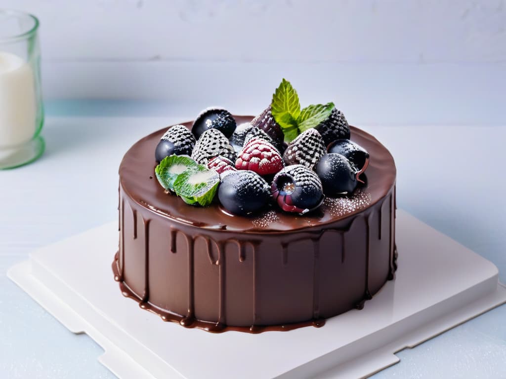  A closeup, ultradetailed image of a decadent vegan chocolate cake with smooth, glossy ganache frosting, adorned with fresh raspberries and mint leaves on a sleek, white porcelain cake stand. The cake is perfectly sliced, showcasing its rich, moist layers and intricate crumb structure, while the vibrant red of the raspberries pops against the dark chocolate background. The lighting is soft yet highlights every luscious detail, from the shiny ganache to the delicate mint leaves, inviting the viewer to indulge in the visual feast of this delectable vegan dessert. hyperrealistic, full body, detailed clothing, highly detailed, cinematic lighting, stunningly beautiful, intricate, sharp focus, f/1. 8, 85mm, (centered image composition), (professionally color graded), ((bright soft diffused light)), volumetric fog, trending on instagram, trending on tumblr, HDR 4K, 8K