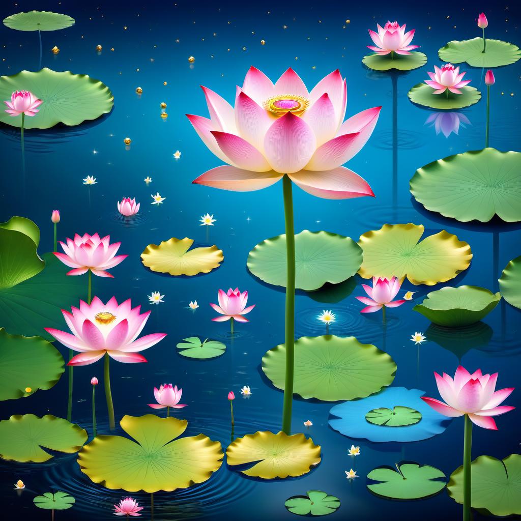  fairy tale (Background): a lake with blooming lotuses of different shades: from white pink to bright crimson and leaves of tender green colour. The sky above the lake of dark blue colour with golden stars scattered on it. (Fantasy Princess Frog): in the centre of the lake on the biggest lotus flower sits a charming frog in a golden crown decorated with blue and blue precious stones. In his paws he holds a ring decorated with blue stones. Style: fantasy, Russian fairy tales, illustrations. . magical, fantastical, enchanting, storybook style, highly detailed hyperrealistic, full body, detailed clothing, highly detailed, cinematic lighting, stunningly beautiful, intricate, sharp focus, f/1. 8, 85mm, (centered image composition), (professionally color graded), ((bright soft diffused light)), volumetric fog, trending on instagram, trending on tumblr, HDR 4K, 8K