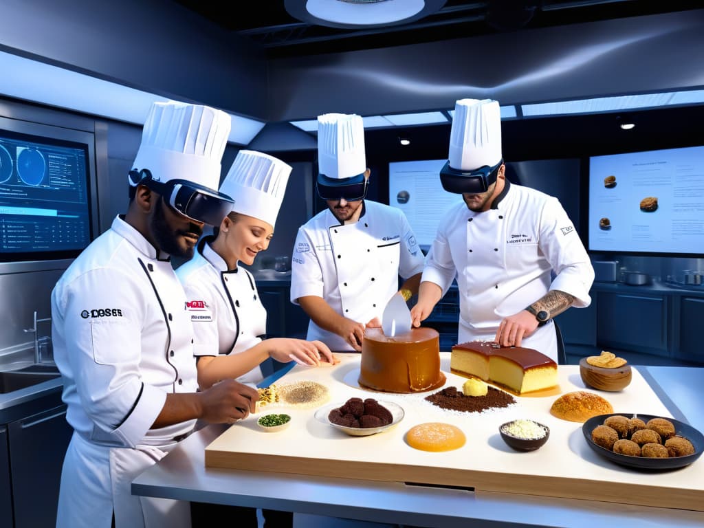  An ultradetailed, photorealistic image of a team of chefs from around the world collaborating on dessert designs through a virtual reality interface. The image shows each chef in their respective kitchen, surrounded by ingredients and tools, while interacting with holographic dessert blueprints and sharing ideas in a hightech, futuristic setting. The attention to detail captures the intensity and creativity of the collaborative process, emphasizing the seamless integration of technology and culinary artistry. hyperrealistic, full body, detailed clothing, highly detailed, cinematic lighting, stunningly beautiful, intricate, sharp focus, f/1. 8, 85mm, (centered image composition), (professionally color graded), ((bright soft diffused light)), volumetric fog, trending on instagram, trending on tumblr, HDR 4K, 8K