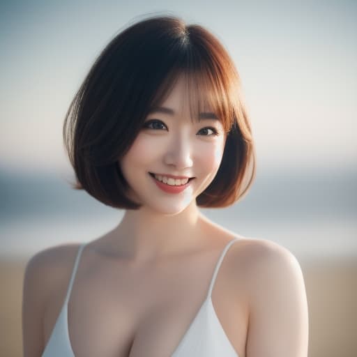  (8k, RAW photo, best quality, masterpiece:1.2), (realistic, photo-realistic:1.4), (extremely detailed 8k wallpaper), sharp focus, depth of field, blur background, bokeh,  cinematic lighting, soft light, upper body, cute actress arms up on the beach.short hair, (white plain : 1.5), smile, japanese idol hyperrealistic, full body, detailed clothing, highly detailed, cinematic lighting, stunningly beautiful, intricate, sharp focus, f/1. 8, 85mm, (centered image composition), (professionally color graded), ((bright soft diffused light)), volumetric fog, trending on instagram, trending on tumblr, HDR 4K, 8K