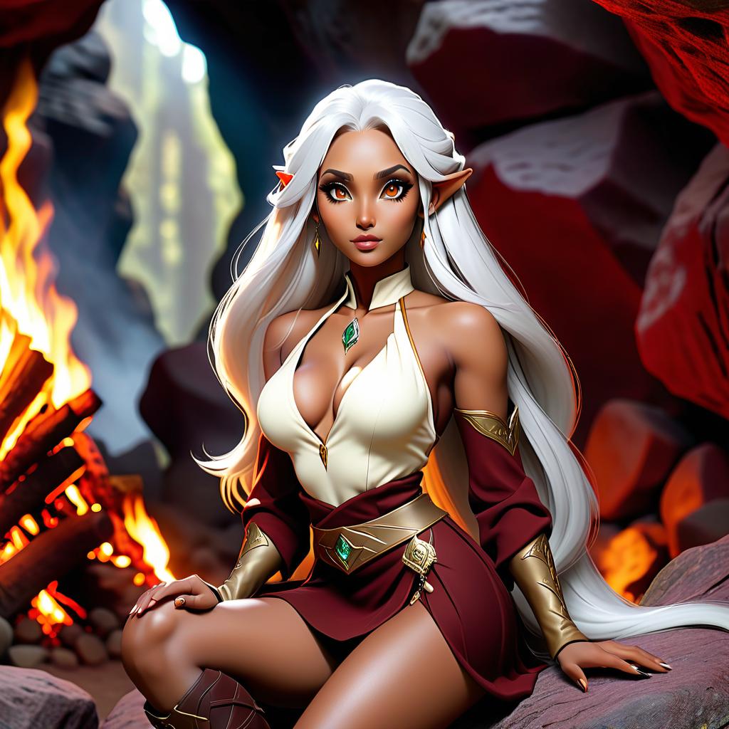  An elvish girl with an athletic build, dark red hued skin, long white hair, and granite colored eyes is sitting in a cave in front of a fire. She is wearing an open golden tunic and short black miniskirts. She has a choker with an alexandrite stone around her neck and boots on her feet. She is reading a grimoire. hyperrealistic, full body, detailed clothing, highly detailed, cinematic lighting, stunningly beautiful, intricate, sharp focus, f/1. 8, 85mm, (centered image composition), (professionally color graded), ((bright soft diffused light)), volumetric fog, trending on instagram, trending on tumblr, HDR 4K, 8K