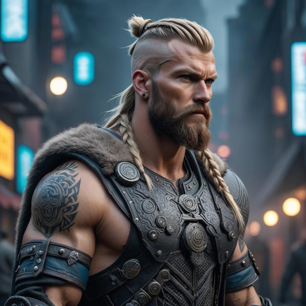  Cyberpunk Viking in full growth hyperrealistic, full body, detailed clothing, highly detailed, cinematic lighting, stunningly beautiful, intricate, sharp focus, f/1. 8, 85mm, (centered image composition), (professionally color graded), ((bright soft diffused light)), volumetric fog, trending on instagram, trending on tumblr, HDR 4K, 8K