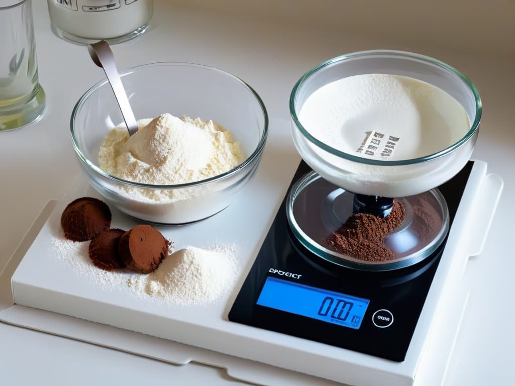  A closeup, ultradetailed image of a digital kitchen scale displaying precisely measured ingredients of flour, sugar, and cocoa powder in elegant glass bowls, capturing the meticulous process of precise measurement in pastry making. hyperrealistic, full body, detailed clothing, highly detailed, cinematic lighting, stunningly beautiful, intricate, sharp focus, f/1. 8, 85mm, (centered image composition), (professionally color graded), ((bright soft diffused light)), volumetric fog, trending on instagram, trending on tumblr, HDR 4K, 8K