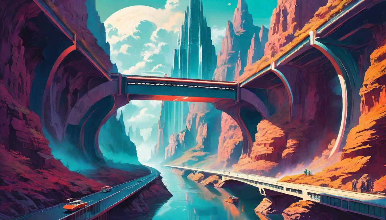  retro futuristic A bridge spanning a chasm, built of stories and shared experiences, connecting isolated souls, Bridging, healing, communal lvintage sci fi, 50s and 60s style, atomic age, vibrant, highly detailed