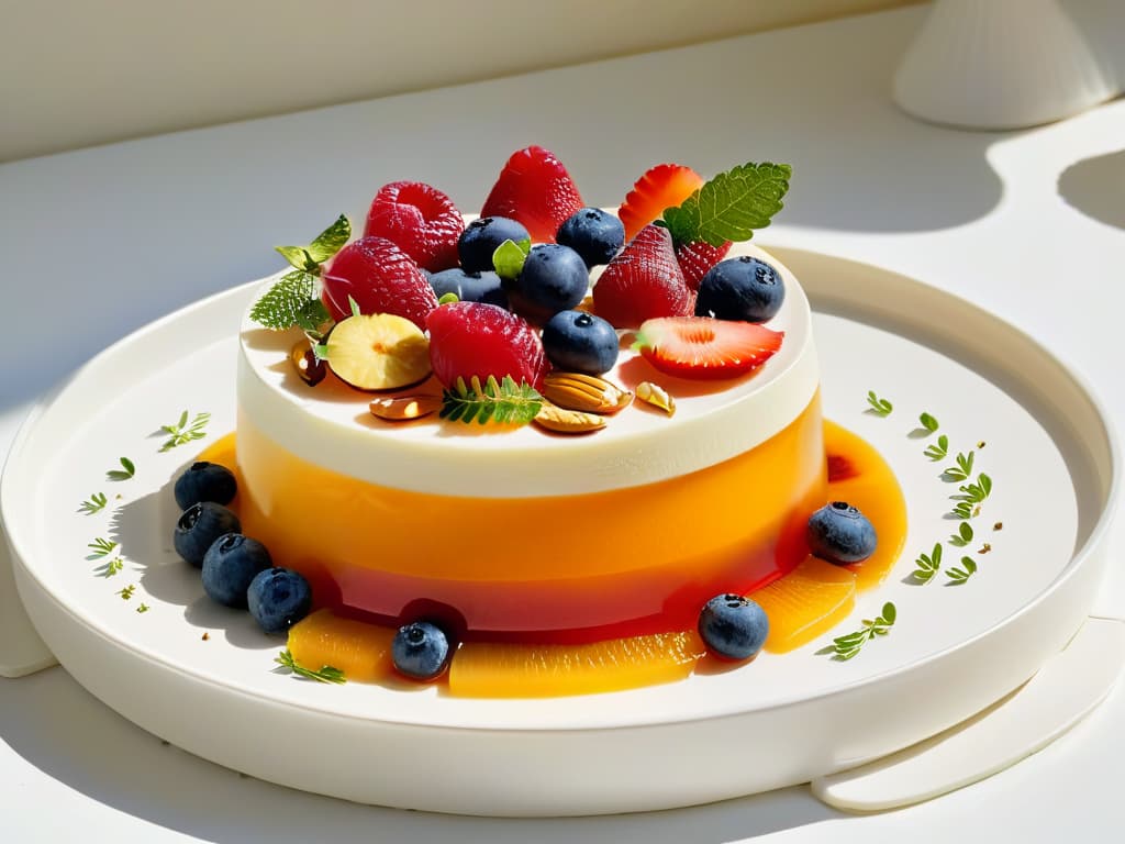  A closeup, ultradetailed image of a beautifully plated gourmet jelly dessert showcasing vibrant layers of fruit, nuts, and herbs, set on a sleek, minimalist white ceramic dish. The jelly is perfectly set, with each layer distinct and glistening under soft, natural lighting. The fruits are delicately arranged on top, adding a pop of color and freshness to the elegant presentation. hyperrealistic, full body, detailed clothing, highly detailed, cinematic lighting, stunningly beautiful, intricate, sharp focus, f/1. 8, 85mm, (centered image composition), (professionally color graded), ((bright soft diffused light)), volumetric fog, trending on instagram, trending on tumblr, HDR 4K, 8K