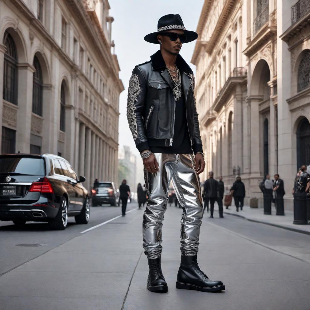  A stylish person wearing a Chrome Hearts outfit, complete with a hat and Rick Owens shoes. The outfit should exude a cool, edgy vibe typical of Chrome Hearts, featuring intricate designs and high-quality materials. The hat should complement the outfit, and the Rick Owens shoes should add a distinctive, avant-garde touch. The background should be simple to keep the focus on the outfit. hyperrealistic, full body, detailed clothing, highly detailed, cinematic lighting, stunningly beautiful, intricate, sharp focus, f/1. 8, 85mm, (centered image composition), (professionally color graded), ((bright soft diffused light)), volumetric fog, trending on instagram, trending on tumblr, HDR 4K, 8K