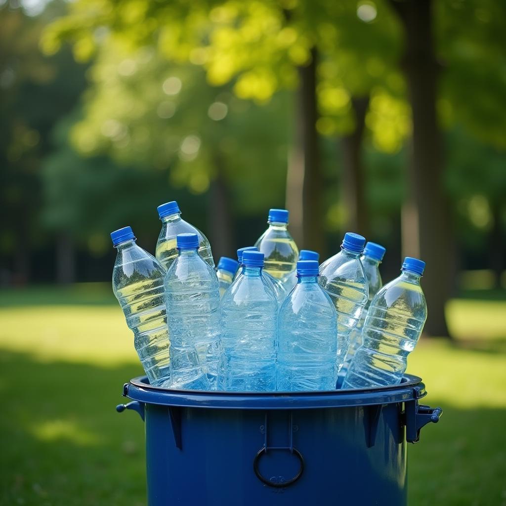  good quality, high quality, a recycling bin filled with empty plastic water bottles, with a new bottle just being added, in front of a green park backdrop.