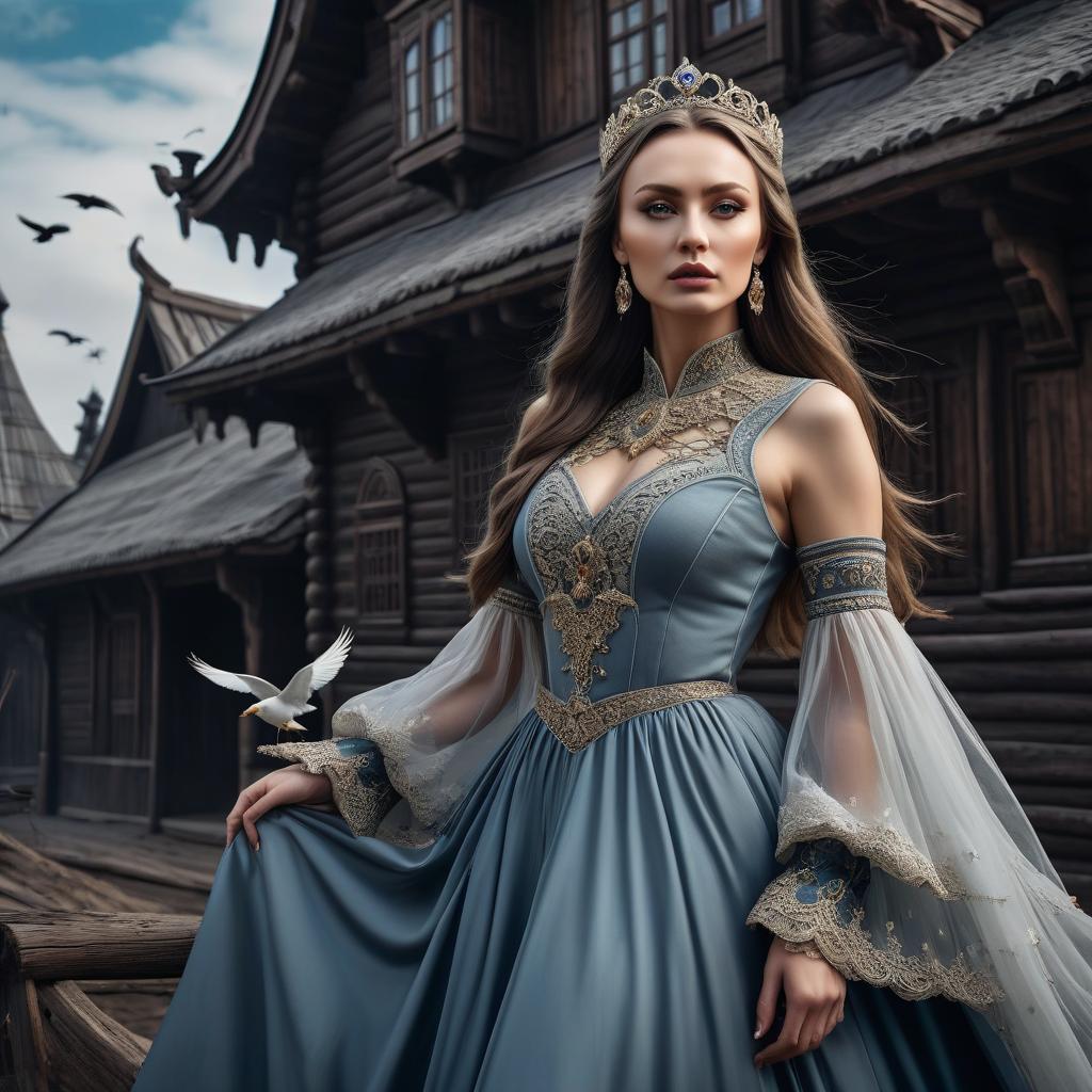  gothic style Kyiv Rus' Slavic Princess Olga against the backdrop of distant wooden walls and wooden buildings of the ancient city, flying birds in the sky. . dark, mysterious, haunting, dramatic, ornate, detailed hyperrealistic, full body, detailed clothing, highly detailed, cinematic lighting, stunningly beautiful, intricate, sharp focus, f/1. 8, 85mm, (centered image composition), (professionally color graded), ((bright soft diffused light)), volumetric fog, trending on instagram, trending on tumblr, HDR 4K, 8K