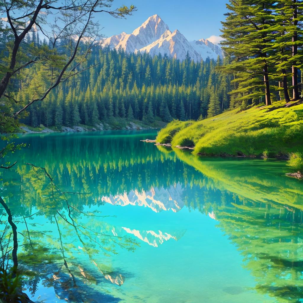  as a painting, Convey the serene majesty of towering mountains reflected in the crystal-clear waters of a tranquil alpine lake, using your unique artistic vision to evoke a sense of awe and tranquility.