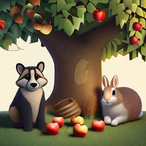  "Generate an image following the Stable Diffusion process, depicting a night scene under an apple tree. Amidst small lights hanging off apple leaves and surrounded by snacks, various animal friends are having a party. Notably, include two characters, Rooky and Amy, who are wearing apple hats.", best quality, very detailed, high resolution, sharp, sharp image, extremely detailed, 4k, 8k, in-frame hyperrealistic, full body, detailed clothing, highly detailed, cinematic lighting, stunningly beautiful, intricate, sharp focus, f/1. 8, 85mm, (centered image composition), (professionally color graded), ((bright soft diffused light)), volumetric fog, trending on instagram, trending on tumblr, HDR 4K, 8K