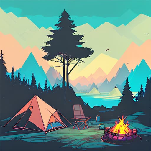 nvinkpunk Whimsical mountains with trees, camping tent and campfire