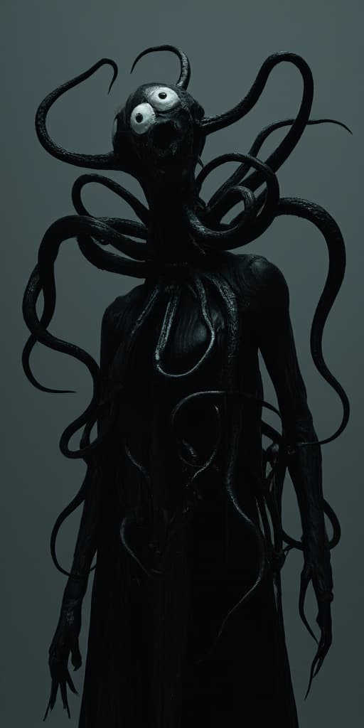  detail, photo, cinscene, dreamwalking all solid black of an eldritch figure with multiple tentacles on the back with white eyes