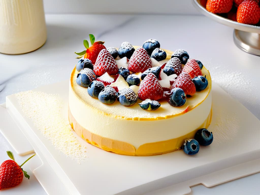  A highresolution, minimalist image of a perfectly sliced New Yorkstyle cheesecake on a sleek, white marble countertop. The cheesecake is elegantly garnished with fresh strawberries, blueberries, and a dusting of powdered sugar. The lighting is soft and natural, highlighting the creamy texture of the cheesecake and the vibrant colors of the berries, creating a visually stunning and appetizing composition. hyperrealistic, full body, detailed clothing, highly detailed, cinematic lighting, stunningly beautiful, intricate, sharp focus, f/1. 8, 85mm, (centered image composition), (professionally color graded), ((bright soft diffused light)), volumetric fog, trending on instagram, trending on tumblr, HDR 4K, 8K