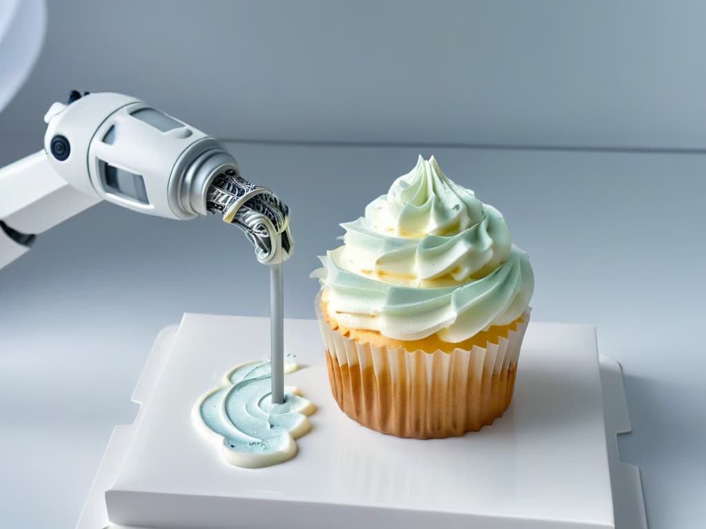  A minimalist, ultradetailed image showcasing a sleek robotic arm delicately piping intricate swirls of frosting onto a perfectly crafted cupcake, with each tiny detail of the frosting and robotic arm clearly visible in stunning 8k resolution. hyperrealistic, full body, detailed clothing, highly detailed, cinematic lighting, stunningly beautiful, intricate, sharp focus, f/1. 8, 85mm, (centered image composition), (professionally color graded), ((bright soft diffused light)), volumetric fog, trending on instagram, trending on tumblr, HDR 4K, 8K