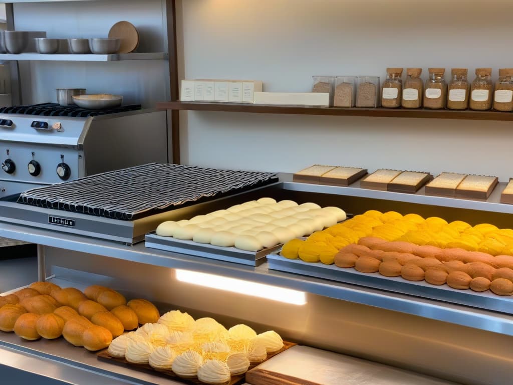  An ultradetailed image of a sleek, modern bakery kitchen showcasing a blend of cuttingedge baking equipment and traditional tools like wooden rolling pins and vintage recipe books. The image captures the perfect balance between innovation and nostalgia, with soft natural lighting highlighting the intricate details of the minimalist decor and neatly arranged ingredients on pristine countertops. hyperrealistic, full body, detailed clothing, highly detailed, cinematic lighting, stunningly beautiful, intricate, sharp focus, f/1. 8, 85mm, (centered image composition), (professionally color graded), ((bright soft diffused light)), volumetric fog, trending on instagram, trending on tumblr, HDR 4K, 8K