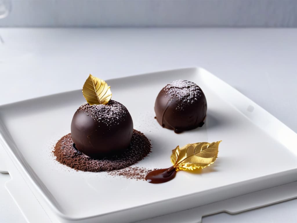  An exquisite closeup image of a glossy dark chocolate truffle with a perfectly smooth surface, delicately dusted with cocoa powder, resting on a sleek, modern white plate. The truffle is elegantly garnished with a single shimmering gold leaf, showcasing a touch of sophistication and luxury. The lighting captures the rich, decadent texture of the truffle, highlighting its indulgent appeal and inviting the viewer to savor its luscious flavor. hyperrealistic, full body, detailed clothing, highly detailed, cinematic lighting, stunningly beautiful, intricate, sharp focus, f/1. 8, 85mm, (centered image composition), (professionally color graded), ((bright soft diffused light)), volumetric fog, trending on instagram, trending on tumblr, HDR 4K, 8K