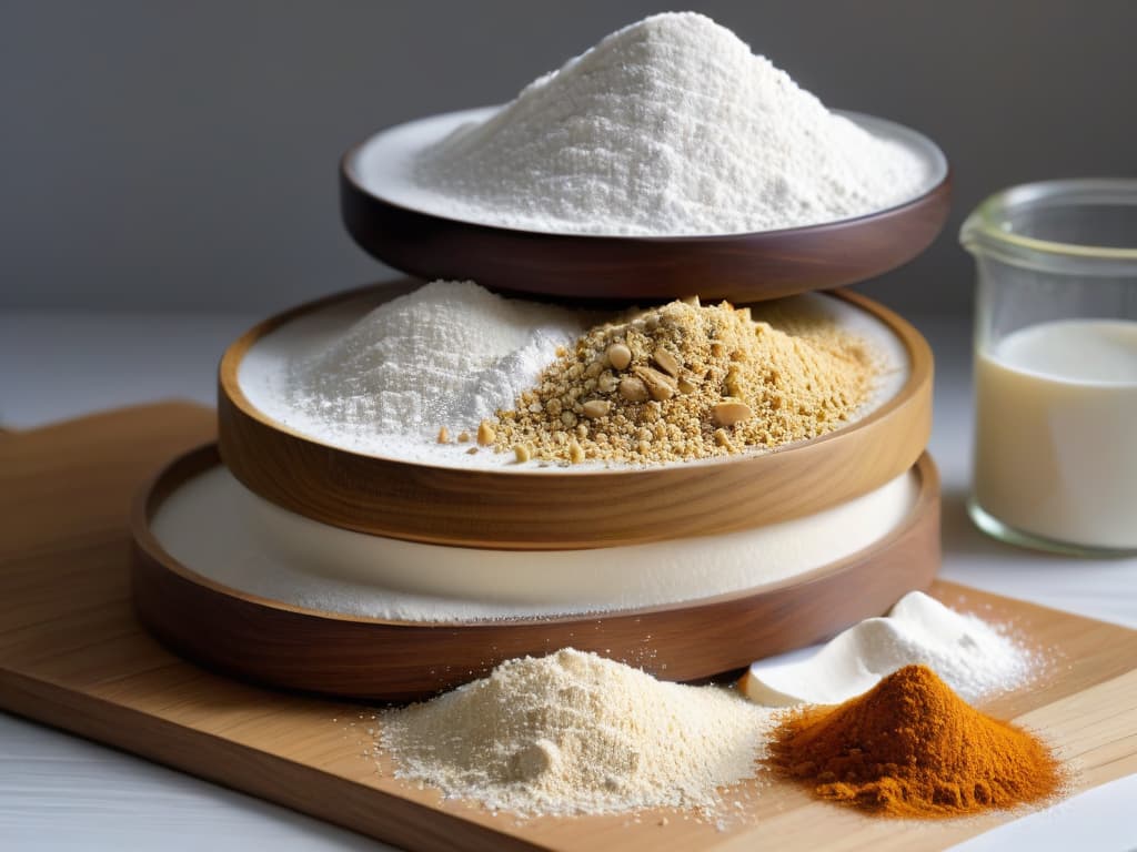  A closeup, ultradetailed image of a stack of lowcarb flour varieties, including almond flour, coconut flour, and flaxseed meal, arranged neatly on a sleek, modern kitchen countertop. The textures of the different flours are highlighted, showcasing their versatility and appeal for diabeticfriendly baking. The lighting is soft yet focused, enhancing the natural colors of the ingredients and creating a visually striking composition that conveys a sense of sophistication and healthconsciousness. hyperrealistic, full body, detailed clothing, highly detailed, cinematic lighting, stunningly beautiful, intricate, sharp focus, f/1. 8, 85mm, (centered image composition), (professionally color graded), ((bright soft diffused light)), volumetric fog, trending on instagram, trending on tumblr, HDR 4K, 8K