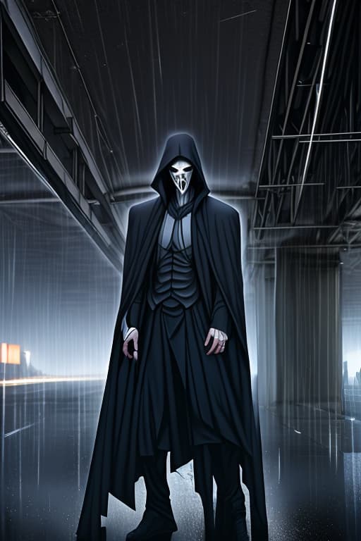  A-TaK, Tall, standing under freeway light, heavy rain, dressed like grim reaper, white mask, Grendel type