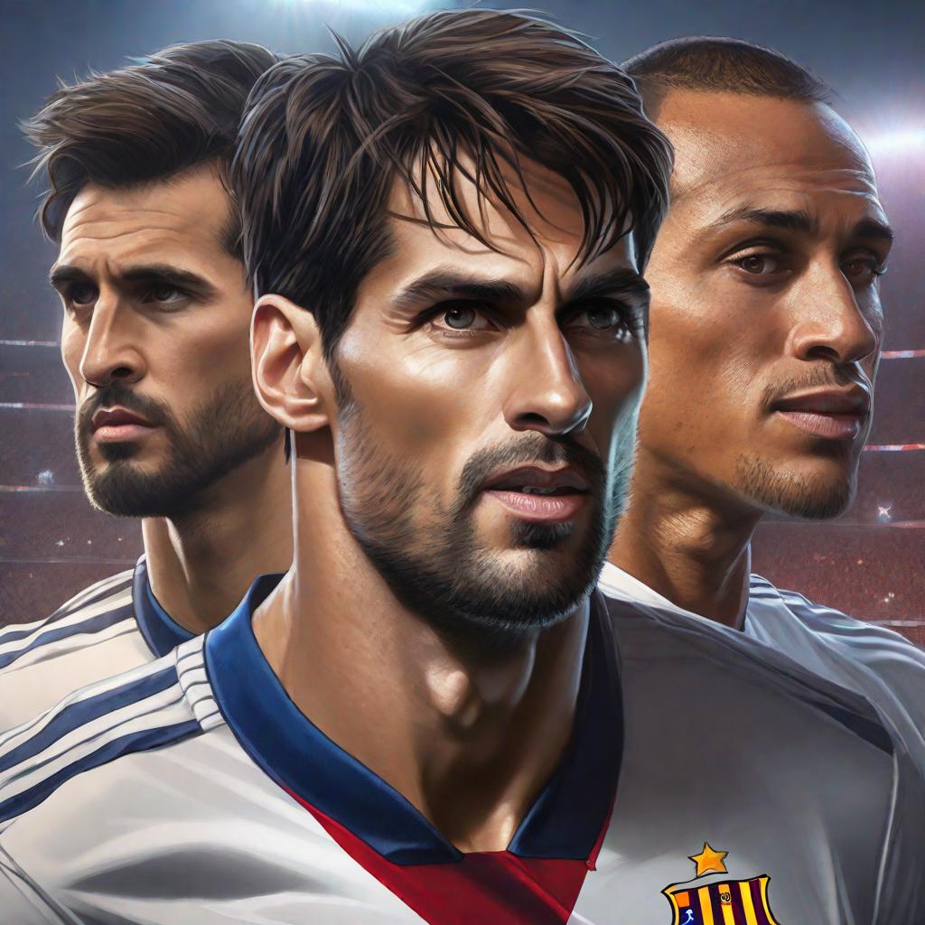  Kaká con messi cristiano y neymar, realistic, portrait, art by donato giancola and greg rutkowski, realistic face, digital art, trending on artstation hyperrealistic, full body, detailed clothing, highly detailed, cinematic lighting, stunningly beautiful, intricate, sharp focus, f/1. 8, 85mm, (centered image composition), (professionally color graded), ((bright soft diffused light)), volumetric fog, trending on instagram, trending on tumblr, HDR 4K, 8K