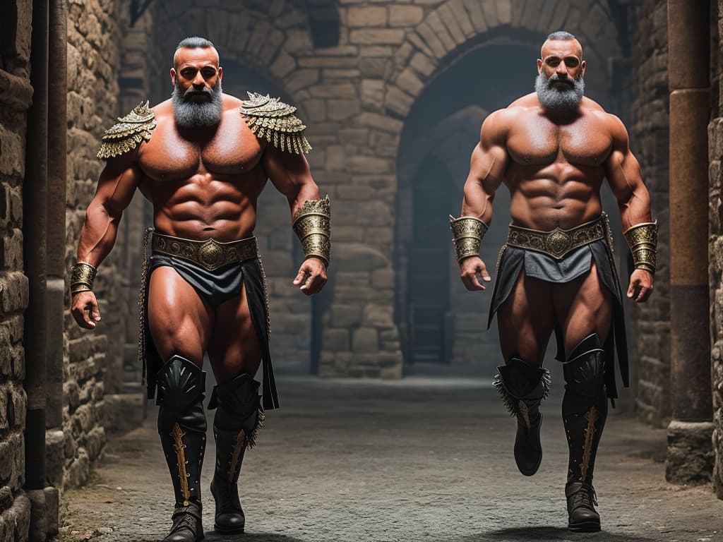  bearded middle aged gladiator bodybuilder captured in chains in a dungeon hyperrealistic, full body, detailed clothing, highly detailed, cinematic lighting, stunningly beautiful, intricate, sharp focus, f/1. 8, 85mm, (centered image composition), (professionally color graded), ((bright soft diffused light)), volumetric fog, trending on instagram, trending on tumblr, HDR 4K, 8K