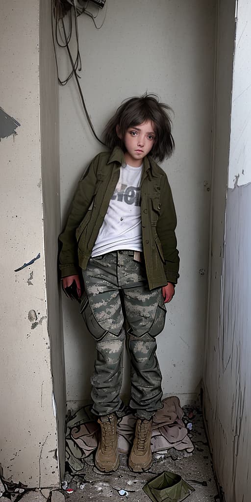  homeless-girl, takes off military pants, dirty, boy haircut, around the corner, in an abandoned place