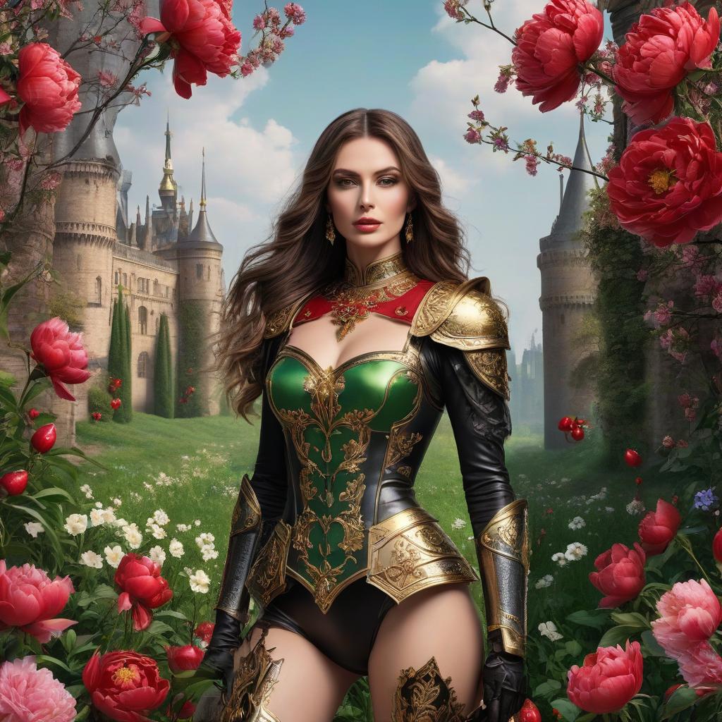  The with the brown hair. Тhe dress, the purse, the brown eyes. Shorts, , red lips. A in armor. A black sword with gold details. Fire. The rigor of the lines. Power. The sword gives off electric shocks. Highly detailed, highly detailed, highly detailed image and all details. ((Sparkling rim)): spring field, hyacinths, roses, rosehips, rose hips, peonies, cherry tree, yellow, red, black flowers, forget me nots. Nature in the background, spring, delight. Luxury, richness. High quality. Swarovski, pandora. The Emerald Palace, the towers. Holobue sky. Golden spires, Gothic style. Fantasy, fairy tale. Poppy field in front of palace. Emerald stones, Green Alley.Luxury, wealth. spring field, hyacinths, roses, rosehips, rose hips, p hyperrealistic, full body, detailed clothing, highly detailed, cinematic lighting, stunningly beautiful, intricate, sharp focus, f/1. 8, 85mm, (centered image composition), (professionally color graded), ((bright soft diffused light)), volumetric fog, trending on instagram, trending on tumblr, HDR 4K, 8K