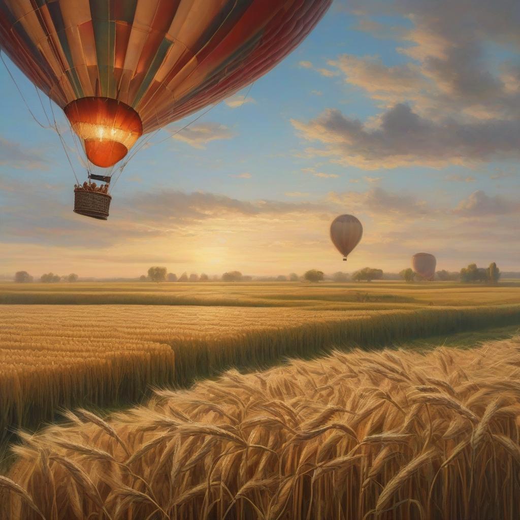  An air balloon flies over a field of wheat in a Dutch painting, oil on canvas, good detailing of brushstrokes. hyperrealistic, full body, detailed clothing, highly detailed, cinematic lighting, stunningly beautiful, intricate, sharp focus, f/1. 8, 85mm, (centered image composition), (professionally color graded), ((bright soft diffused light)), volumetric fog, trending on instagram, trending on tumblr, HDR 4K, 8K