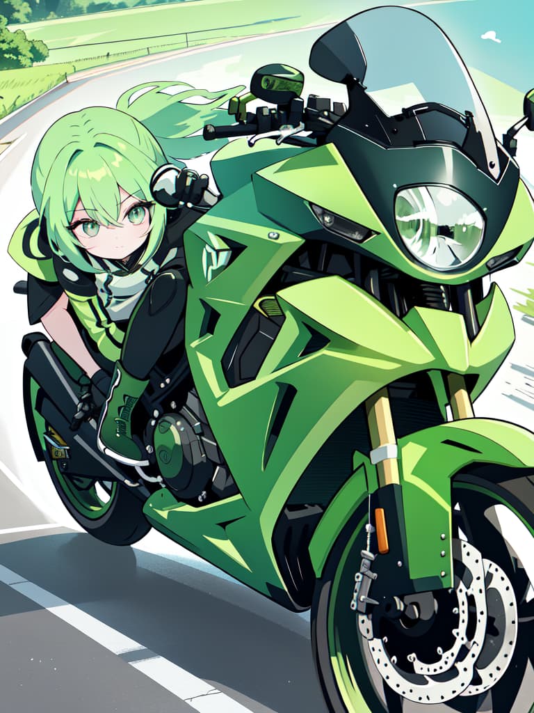  Motorcycle green hair character, masterpiece, best quality,8k,ultra detailed,high resolution,an extremely delicate and beautiful,hyper detail