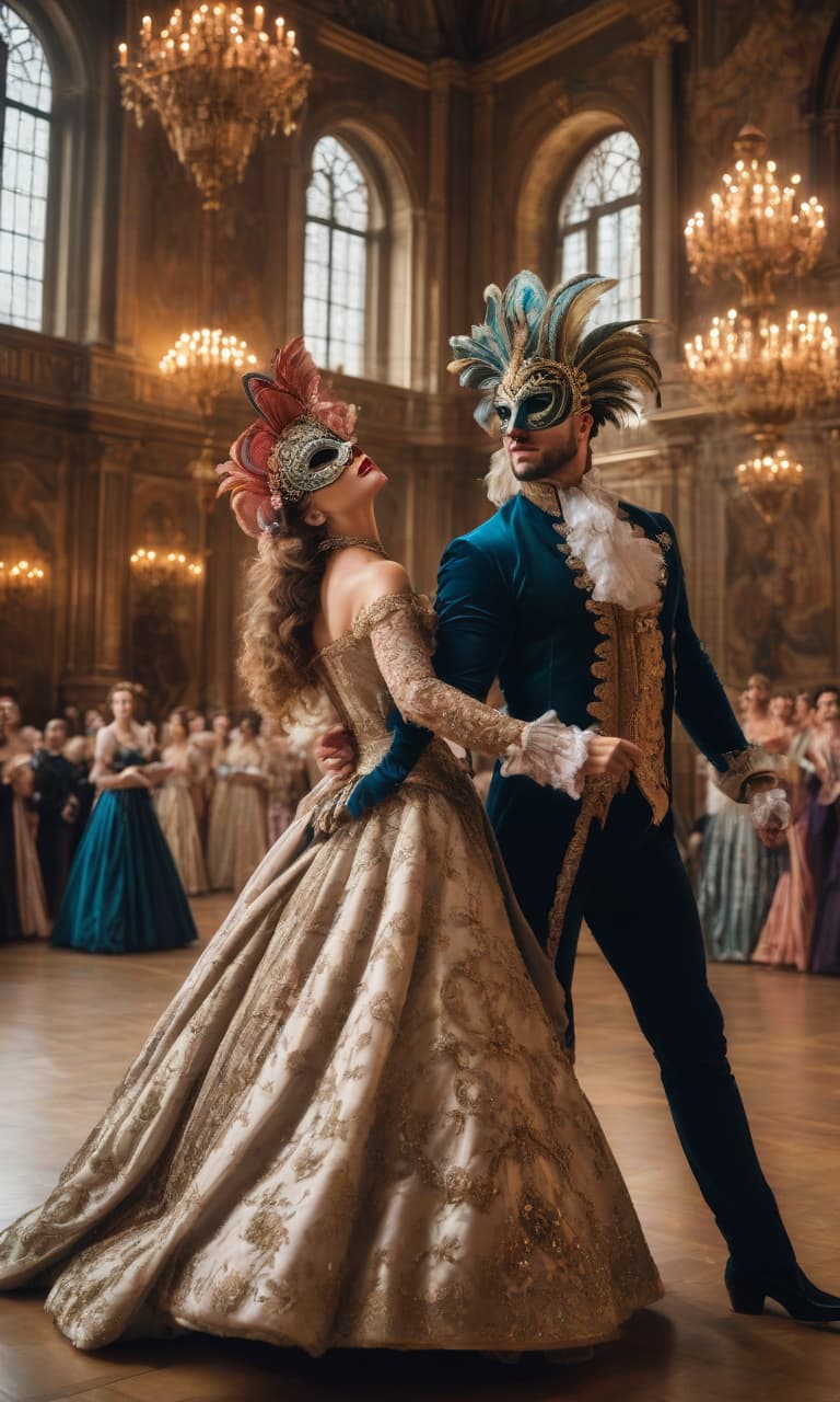  A man and a woman in masquerade masks, at a ball, are quickly spinning in a dance, in Baroque and Renaissance outfits. In a huge hall with high ceilings. The surprised audience applauds them. Focus on the clarity of the faces hyperrealistic, full body, detailed clothing, highly detailed, cinematic lighting, stunningly beautiful, intricate, sharp focus, f/1. 8, 85mm, (centered image composition), (professionally color graded), ((bright soft diffused light)), volumetric fog, trending on instagram, trending on tumblr, HDR 4K, 8K