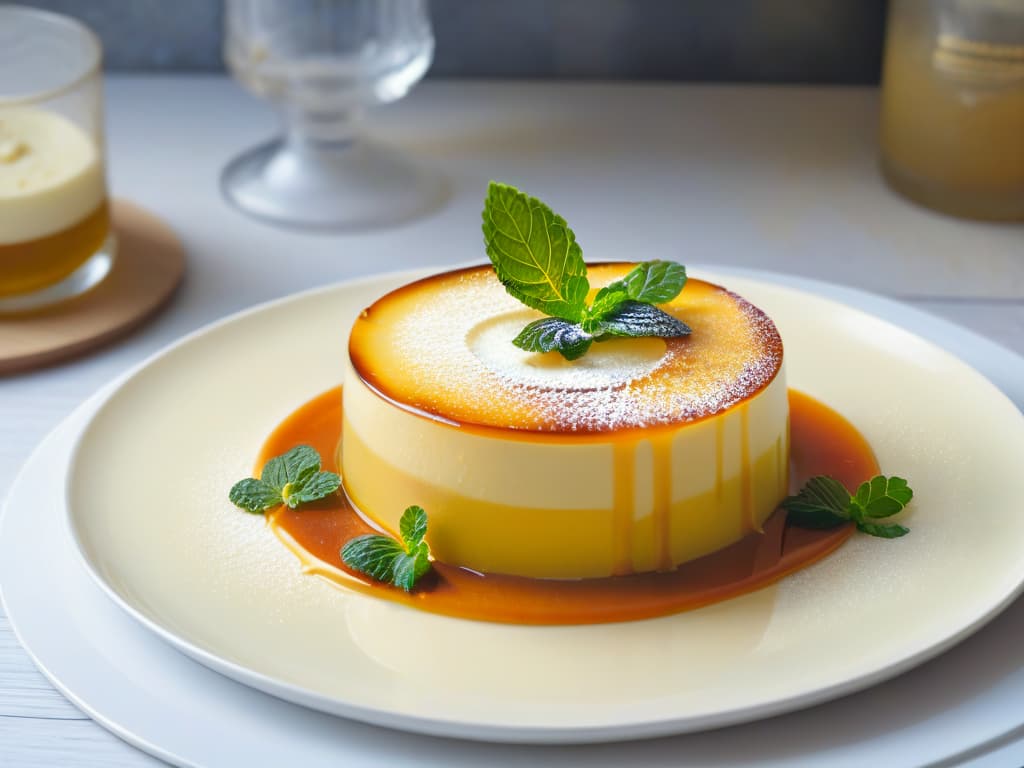  A photorealistic image of a beautifully plated dessert that merges traditional Spanish flan with a modern twist, showcasing layers of creamy vanilla bean custard topped with a delicate burnt caramel glaze, garnished with edible gold leaf and a vibrant sprig of fresh mint. The dessert is elegantly presented on a sleek, minimalist plate, set against a soft focus background that enhances the luxurious feel of the dish. hyperrealistic, full body, detailed clothing, highly detailed, cinematic lighting, stunningly beautiful, intricate, sharp focus, f/1. 8, 85mm, (centered image composition), (professionally color graded), ((bright soft diffused light)), volumetric fog, trending on instagram, trending on tumblr, HDR 4K, 8K