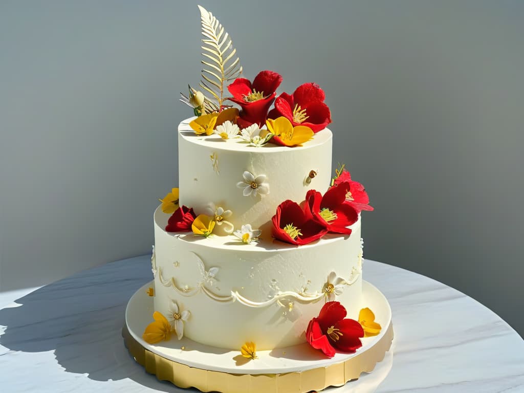  A closeup, photorealistic image of a beautifully crafted multilayered cake, adorned with intricate edible flowers and shimmering gold leaf accents. The cake is displayed on a sleek, marble countertop, with soft natural lighting that highlights its exquisite details and textures, inviting viewers to imagine the sensory experience of indulging in such a decadent creation. hyperrealistic, full body, detailed clothing, highly detailed, cinematic lighting, stunningly beautiful, intricate, sharp focus, f/1. 8, 85mm, (centered image composition), (professionally color graded), ((bright soft diffused light)), volumetric fog, trending on instagram, trending on tumblr, HDR 4K, 8K