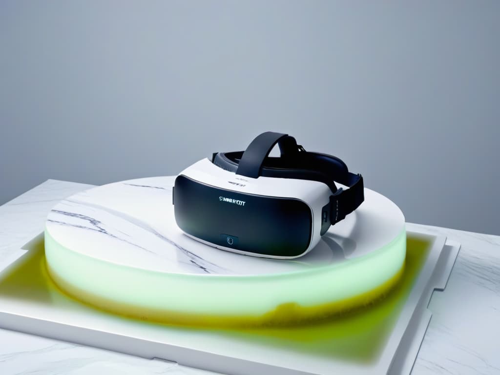  An ultradetailed image of a sleek, modern virtual reality headset placed on a pristine white marble countertop. The headset is illuminated by a soft, ambient light, casting a subtle glow on the smooth surface beneath it. The design of the headset is futuristic and elegant, with intricate details visible even in the smallest components. The overall aesthetic is clean, sophisticated, and visually captivating, embodying the essence of cuttingedge technology in the realm of pastry competitions. hyperrealistic, full body, detailed clothing, highly detailed, cinematic lighting, stunningly beautiful, intricate, sharp focus, f/1. 8, 85mm, (centered image composition), (professionally color graded), ((bright soft diffused light)), volumetric fog, trending on instagram, trending on tumblr, HDR 4K, 8K