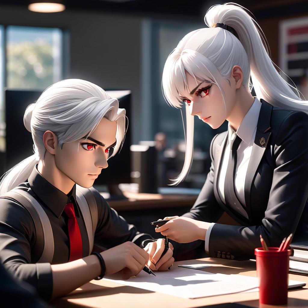  A with a ponytail is sitting at a desk in with another , who has , white hair. There's a boy with white hair and red eyes nearby. hyperrealistic, full body, detailed clothing, highly detailed, cinematic lighting, stunningly beautiful, intricate, sharp focus, f/1. 8, 85mm, (centered image composition), (professionally color graded), ((bright soft diffused light)), volumetric fog, trending on instagram, trending on tumblr, HDR 4K, 8K