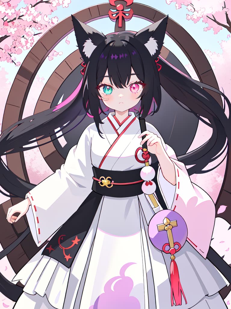  Black hair,fox ears,fox eyes,purple left eye,pink right eye,heterochromia,horse tail,shrine maiden outfit, masterpiece, best quality,8k,ultra detailed,high resolution,an extremely delicate and beautiful,hyper detail