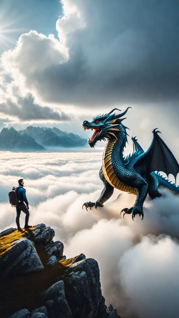  A majestic dragon soars through the clouds in a vibrant, fantastical landscape. hyperrealistic, full body, detailed clothing, highly detailed, cinematic lighting, stunningly beautiful, intricate, sharp focus, f/1. 8, 85mm, (centered image composition), (professionally color graded), ((bright soft diffused light)), volumetric fog, trending on instagram, trending on tumblr, HDR 4K, 8K