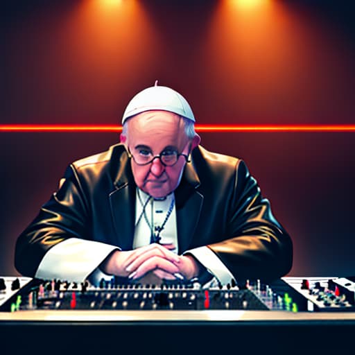  (Pope Francis) wearing leather jacket is a DJ in a nightclub, mixing live on stage, giant mixing table, 4k resolution, a masterpiece hyperrealistic, full body, detailed clothing, highly detailed, cinematic lighting, stunningly beautiful, intricate, sharp focus, f/1. 8, 85mm, (centered image composition), (professionally color graded), ((bright soft diffused light)), volumetric fog, trending on instagram, trending on tumblr, HDR 4K, 8K