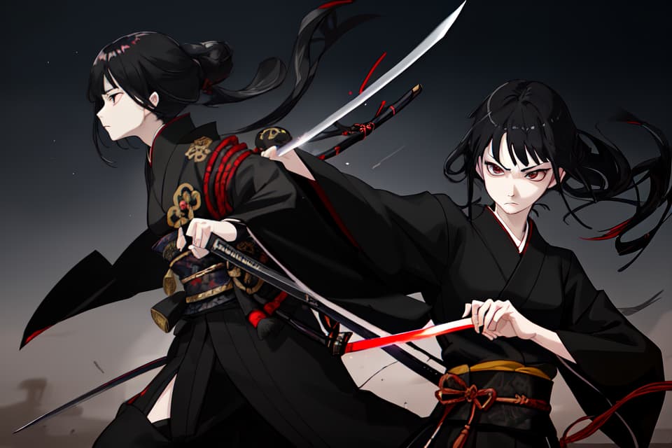  One, one , black kimono, black hair, black eyes, Japanese swords, long swords, hips, hold a sword, night, moon, serious expression, cooling face , Glowing eyes, small s, slender, imminent, running, cutting, riding, sprinting, stepping in, dust, wind, slashing