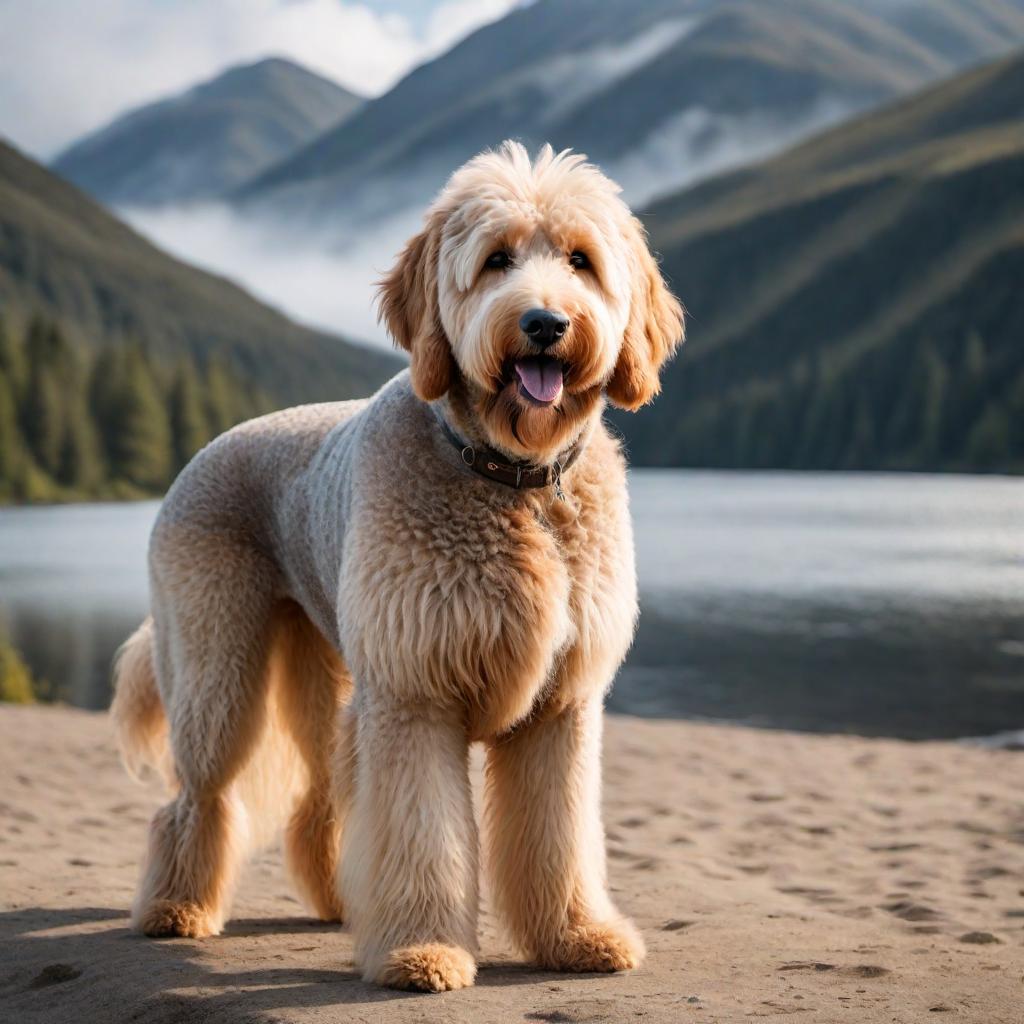  Create a meme of a 75 lb Golden Doodle dog with blonde fur and brown and gray patches. hyperrealistic, full body, detailed clothing, highly detailed, cinematic lighting, stunningly beautiful, intricate, sharp focus, f/1. 8, 85mm, (centered image composition), (professionally color graded), ((bright soft diffused light)), volumetric fog, trending on instagram, trending on tumblr, HDR 4K, 8K