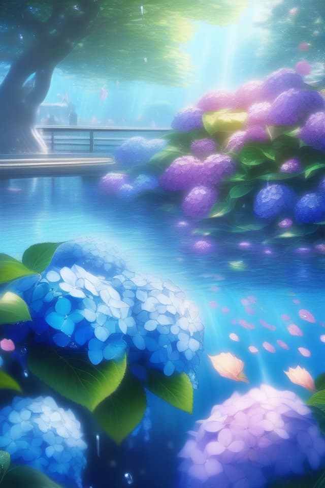  ((Underwater park)) ((in the water)) Corps HYDRANGEA, (Many Hydrangease) Masterpiece, After Rain, Rainbow, Sunlight, High Quality, 8k