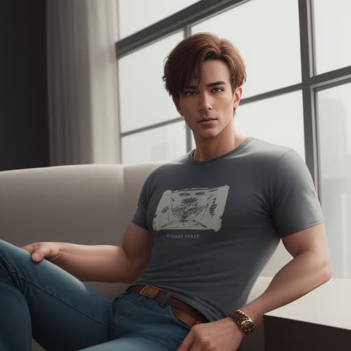  A man dressing jeans and t-shirt , sitting pose, brown short hair, honey eyes, digital art, half painted, brush strokes hyperrealistic, full body, detailed clothing, highly detailed, cinematic lighting, stunningly beautiful, intricate, sharp focus, f/1. 8, 85mm, (centered image composition), (professionally color graded), ((bright soft diffused light)), volumetric fog, trending on instagram, trending on tumblr, HDR 4K, 8K