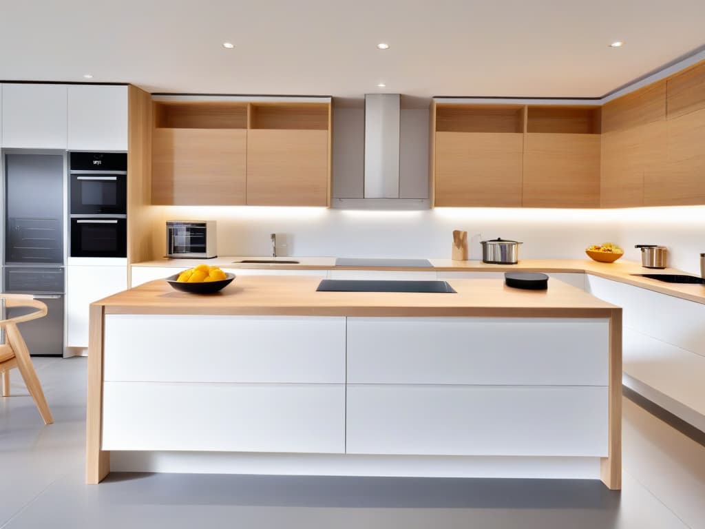  An ultradetailed image of a sleek, modern kitchen specifically designed for bakers with reduced mobility. The image features a spacious layout with accessible countertops, lowered cabinets, and specialized baking equipment within easy reach. The color scheme is a crisp combination of white and light wood tones, enhancing the minimalist aesthetic. The focus is on the seamless integration of functionality and style, showcasing a practical yet visually appealing space for bakers with mobility challenges. hyperrealistic, full body, detailed clothing, highly detailed, cinematic lighting, stunningly beautiful, intricate, sharp focus, f/1. 8, 85mm, (centered image composition), (professionally color graded), ((bright soft diffused light)), volumetric fog, trending on instagram, trending on tumblr, HDR 4K, 8K